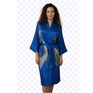 Vintage‎ Silk Kimono Robe Blue Lotus Blossom Geisha Print Women's One Size